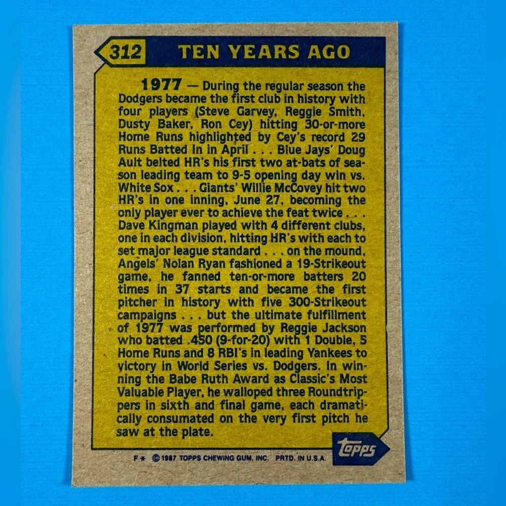 1987 Topps #312 Reggie Jackson New York Yankees Baseball Card - Picture 2 of 2